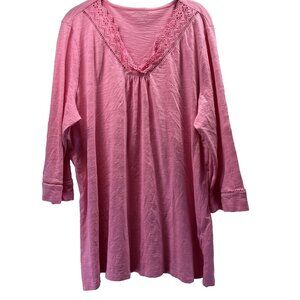 Talbots Women's Top Sz 2X Solid Pink Barbie V Neck Lace Trim 3/4 Sleeve Pullover